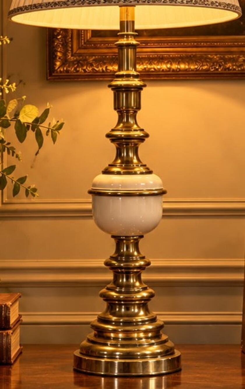 Vintage Stiffel Heavy Brass Ivory White Table Lamp 44" Tall Hollywood Regency